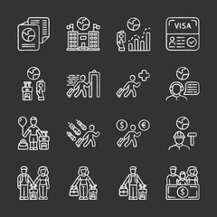 Sticker - Immigration chalk icons set. Travel abroad. Security check. Trip planning, holiday vacation organization. Refugee help, migrant protection. Travel equipment. Isolated vector chalkboard illustrations