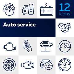 Poster - Auto service icon. Set of line icon on white background. Speedometer, engine, wheel. Car mechanics concept. Vector illustration can be used for topics like transportation, service, cars