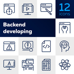 Poster - Backend developing line icon set. Set of line icons on white background. Technology concept. Program, computer, screen. Vector illustration can be used for topics like internet, computer, progress