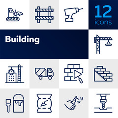 Sticker - Building line icons. Set of line icons on white background. Building blocks, cement, truckload. Construction concept. Vector illustration can be used for topics like building, house, development