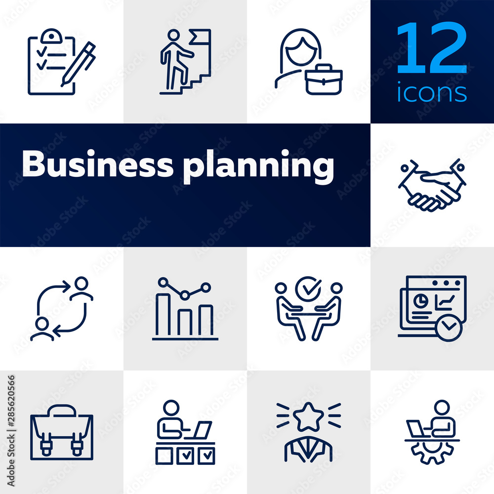 Business success line icon set. Employee, businessman, meeting, handshake. Human resource concept. Can be used for topics like personal efficiency, success, leadership - obrazy, fototapety, plakaty 