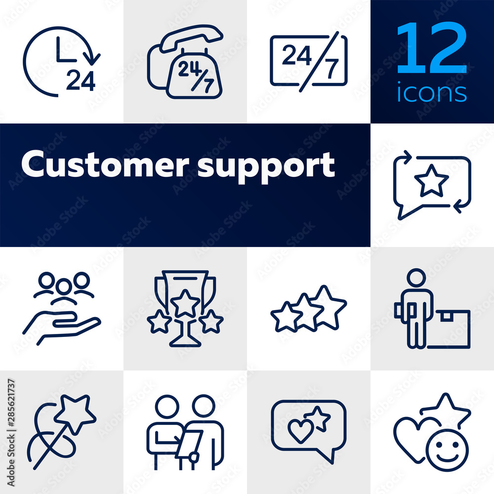 Customer support line icon set. Telephone, courier, order delivery. Service concept. Can be used for topics like feedback, online shopping, rating - obrazy, fototapety, plakaty 