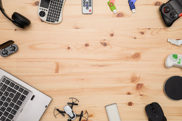 Top view Desk with technology gadgets