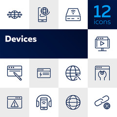 Poster - Devices line icon set. Set of line icons on white background. Globe, internet, gadget. Technology concept. Vector illustration can be used for topics like connection, progress