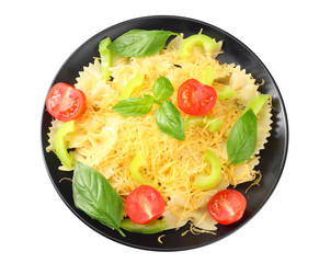 Wall Mural - farfalle pasta isolated on white background, plate of pasta. top view