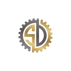 Initial letter S and D, S and O, SD, SO, interlock cogwheel gear logo, black gold on white background