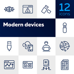 Poster - modern devices icons. set of line icons on white background. web site, telephone, global. technology