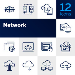 Poster - Network line icon set. Set of line icons on white background. Laptop, setting, file, downloading. Internet concept. Vector illustration can be used for topics like technology, internet, web