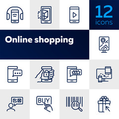 Canvas Print - Online shopping icons. Set of line icons. Shop rating, mobile messenger, barcode. Mobile developing concept. Vector illustration can be used for topics like shopping, technology, mobile applications