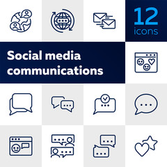 Aufkleber - Social media communications line icon set. Set of line icons on white background. Chatting, message, typing. Internet concept. Vector illustration can be used for topics like web, communication