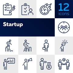 Sticker - Startup icon. Set of line icons on white background. Plan, target audience, promotion. Project concept. Vector illustration can be used for topics like business, management, marketing