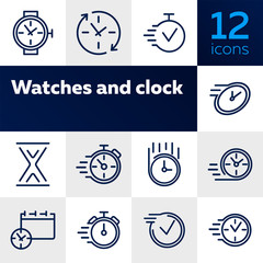 Poster - Watches and clock line icon set. Set of line icons on white background. Time concept. Vector illustration can be used for topics like sport, management