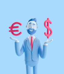 Wall Mural - 3d illustration. Businessman Billy with big euro and dollar sign. Businessman Billy in blue color.