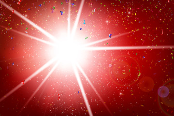 Poster - fractal of the rainbow ribbon explode and falling on lighting and red background 002
