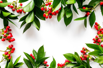 Summer pattern with green plants and red berries on white background top view mockup