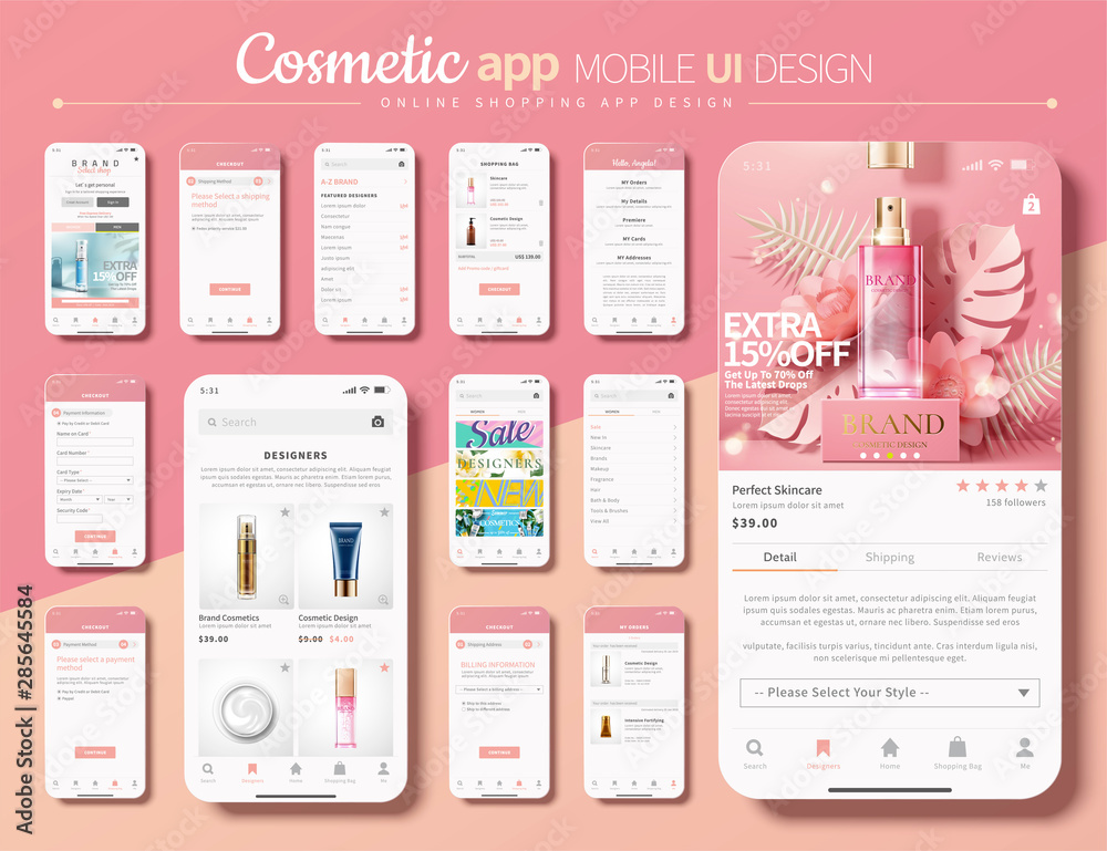 Cosmetic shopping app mobile UI - obrazy, fototapety, plakaty 