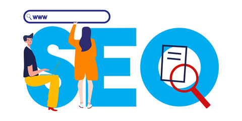 Poster - SEO search engine optimization. Illustration of man and woman optimize website visibility in search engine. Large text and magnifier.
