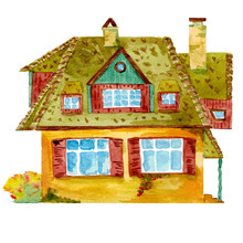Watercolor Hand Drawn European Cabin Isolated On White Background. Design For Kids Illustration, Season Offers, Backgrounds. Part Of House Set - Autumn. 