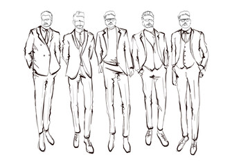 Stylish handsome mans in fashion clothes. Hand drawn beautiful young mens. Stylish mens. Fashion mens sketch. Fashion men model.