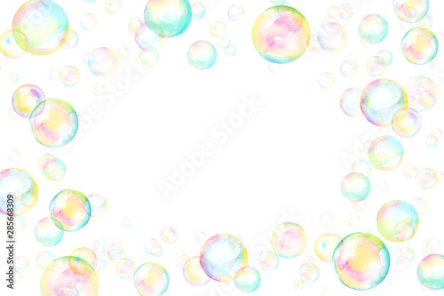 虹色に光るシャボン玉の囲みフレーム 水彩イラスト Stock Illustration Adobe Stock