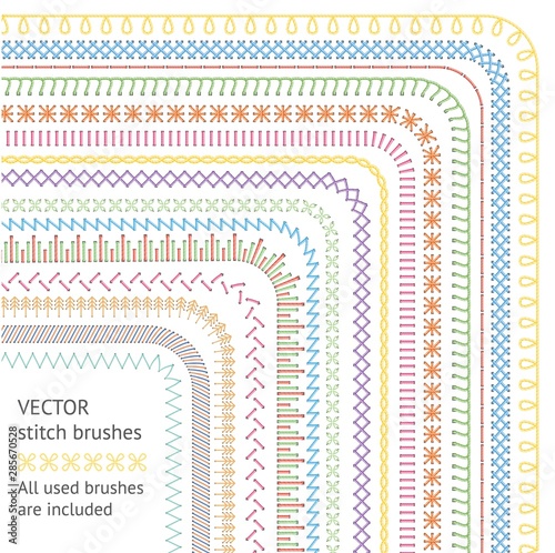 Cuadros en Lienzo Seamless stitch brushes set of sewing seams vector illustration isolated on white