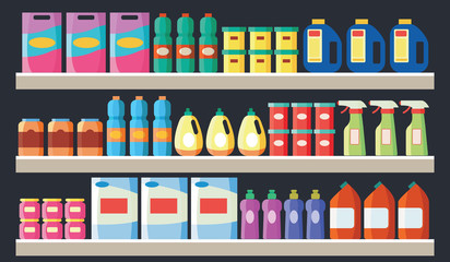 Grocery items, cleaning products on supermarket shelves flat vector illustration.