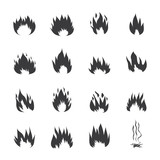 Fototapeta Dinusie - Fire flames or burning symbols set of black vector icons illustrations isolated.