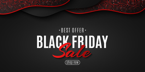 Poster - Fluid design for Black Friday. Wave shapes with red glitter. Seasonal sale. Template for your business project. Vector illustration