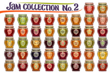 Vector Set Of Different Jam Jars, Group Of 42 Colorful Cut Out Objects Of Fruits Containers, Graphic Illustrations Of Variety Glass Pots Covered Fabric Checkered Lids, Home Made Jam Pots Collection.