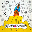 © Ivan Kopylov - Back to school poster with rocket and doodles on checkered paper background. Vector illustration for banners invitation banner and website.