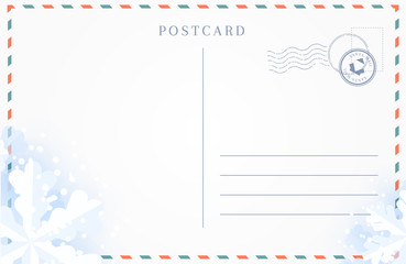 Winter travel postcard backside with border of snowflakes.