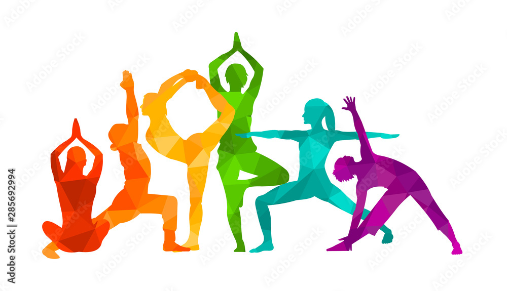 Detailed colorful silhouette yoga vector illustration. Fitness Concept. Gymnastics. Aerobics. - obrazy, fototapety, plakaty 