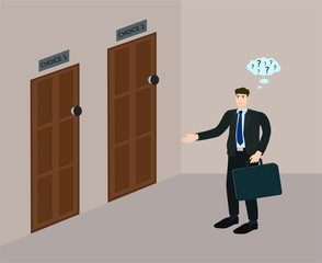 Wall Mural - Businessman standing and thinking to choose choice to open the door , confuse concept