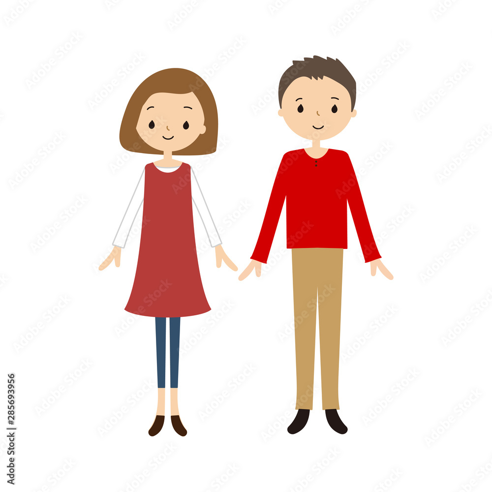仲良し若夫婦のベクターイラスト（笑顔, 2人, 男女, 正面, 直立, 全身