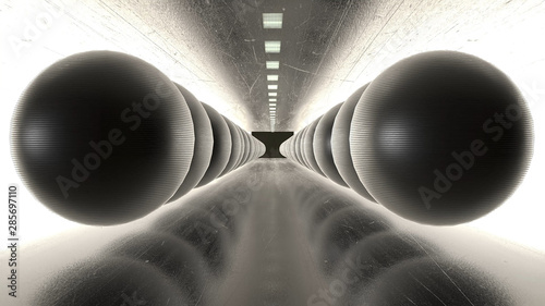 abstract-creative-modern-art-tunnel-with-iron-spheres-reflective-ground-and-balls-in-black-tunnel-with-white-lights