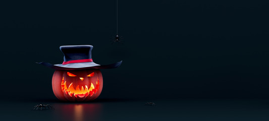 Wall Mural - Evil Jack o lantern with black hat on black Halloween background 3D Rendering