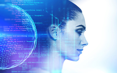 Poster - Young woman face, code and planet