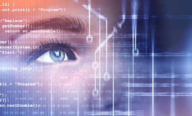 Poster - Beautiful woman face, lines of code