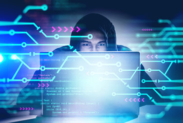 Poster - Hacker with laptop, circuits and code