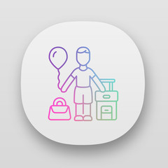 Poster - Immigrant child app icon. Kid travel abroad. Tourist holiday. Traveler with air balloon, carry on handbag and suitcase. UI/UX user interface. Web or mobile applications. Vector isolated illustrations