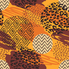 Tribal Ethnic Seamless Pattern With Animal Print And Brush Strokes.