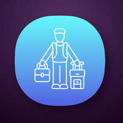 Poster - Immigrant man app icon. Refugee with suitcase and backpack. Travelling abroad. Solo trip, vacation, tourism. Immigration. UI/UX user interface. Web or mobile application. Vector isolated illustration