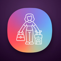 Canvas Print - Immigrant woman app icon. Traveler, holidaymaker, passenger with handbag and suitcase. Travelling abroad. Tourist trip. UI/UX user interface. Web or mobile application. Vector isolated illustration