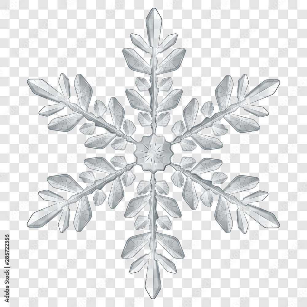 Big complex translucent Christmas snowflake in gray colors for use on light background. Transparency only in vector format - obrazy, fototapety, plakaty 