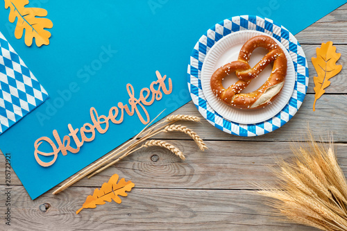 Oktoberfest Flat Lay On Rustic Wooden Table With Pretzels And