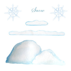 Set snowdrifts, snow, snowflakes. Hand drawn winter watercolor illustration on white background