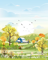 Fantasy panorama landscapes of Countryside in spring farm field, Panoramic of summer with blue sky, farm house, mountains, wild flowers  in green foliage. Natural background for banner