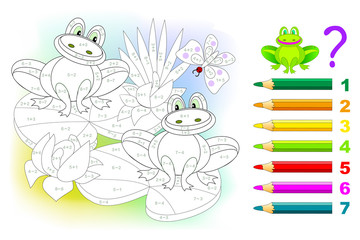 Wall Mural - Math education for children. Coloring book. Mathematical exercises on addition and subtraction. Solve examples and paint frogs. Developing skills for counting. Printable worksheet for kids textbook.