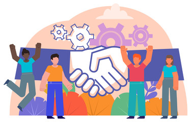 Business deal, agreement, contract concept. People stand near big hands handshake. Poster for social media, web page, banner, presentation. Flat design vector illustration