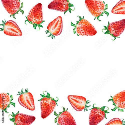 Watercolor red juicy strawberry frame. Food background, painted bright compos...